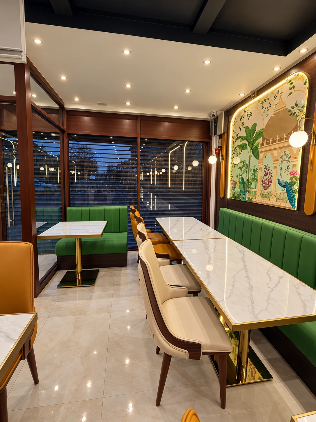 Green fitted seating and wall finishes from Starling’s restaurant work