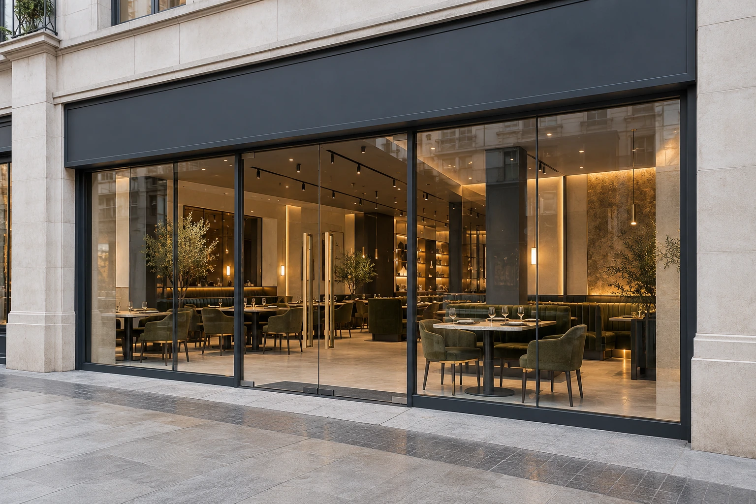 Complete contemporary restaurant shopfront with full height glazing, clear entrance doors and a charcoal fascia — AI-generated service illustration